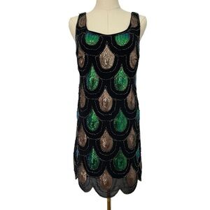 Papillon Sequin Cocktail Dress Sz S Black Green Peacock LBD Party Event Sexy GUC